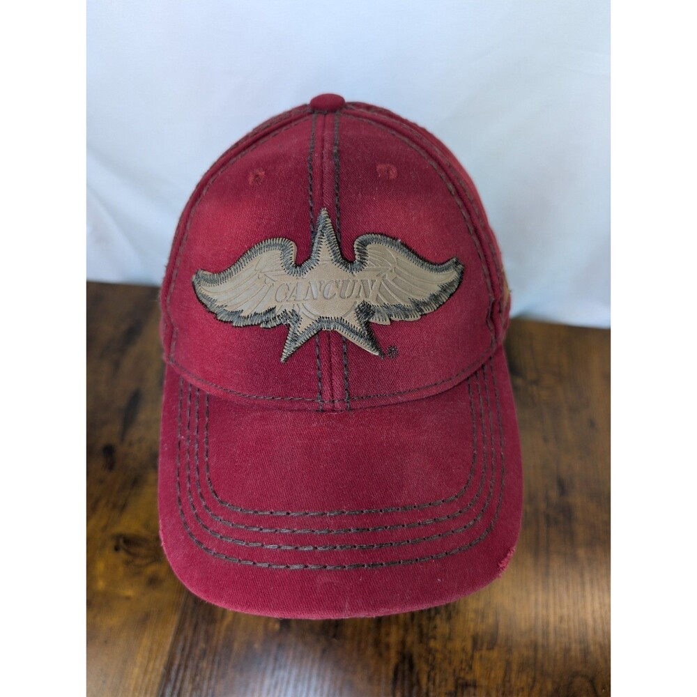 Caribbean Side Cancun Mexico Distressed Baseball Cap Maroon Winged Patch Hat